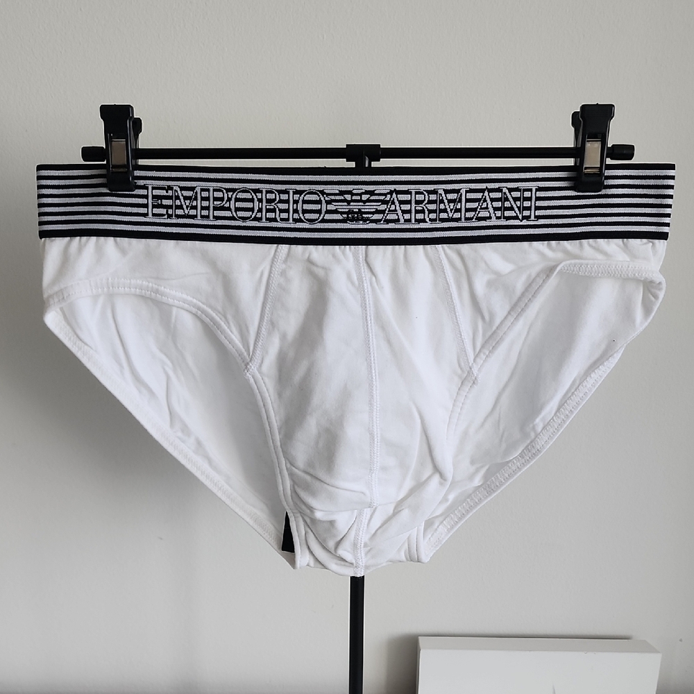 Emporio Armani Men's White Briefs with Black Striped Waistband